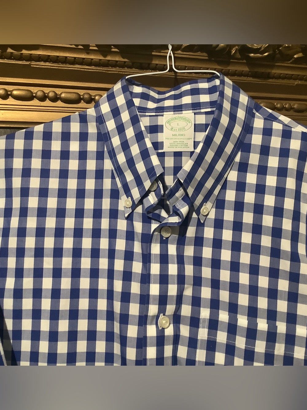 Brooks Brothers Milano Blue Gingham Button Down Plaid - Sz Large - EUC